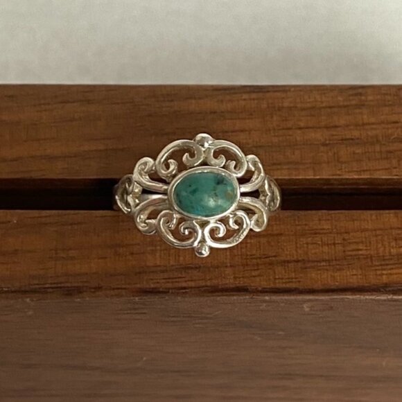 Sterling Silver 925 Cutout Scrollwork Oval Simulated Turquoise Ring Sz 7.25 - Picture 16 of 16